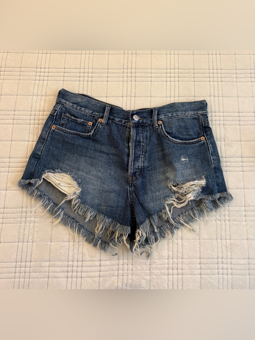 We The Free Distressed Frayed Hem Denim Shorts - Blue